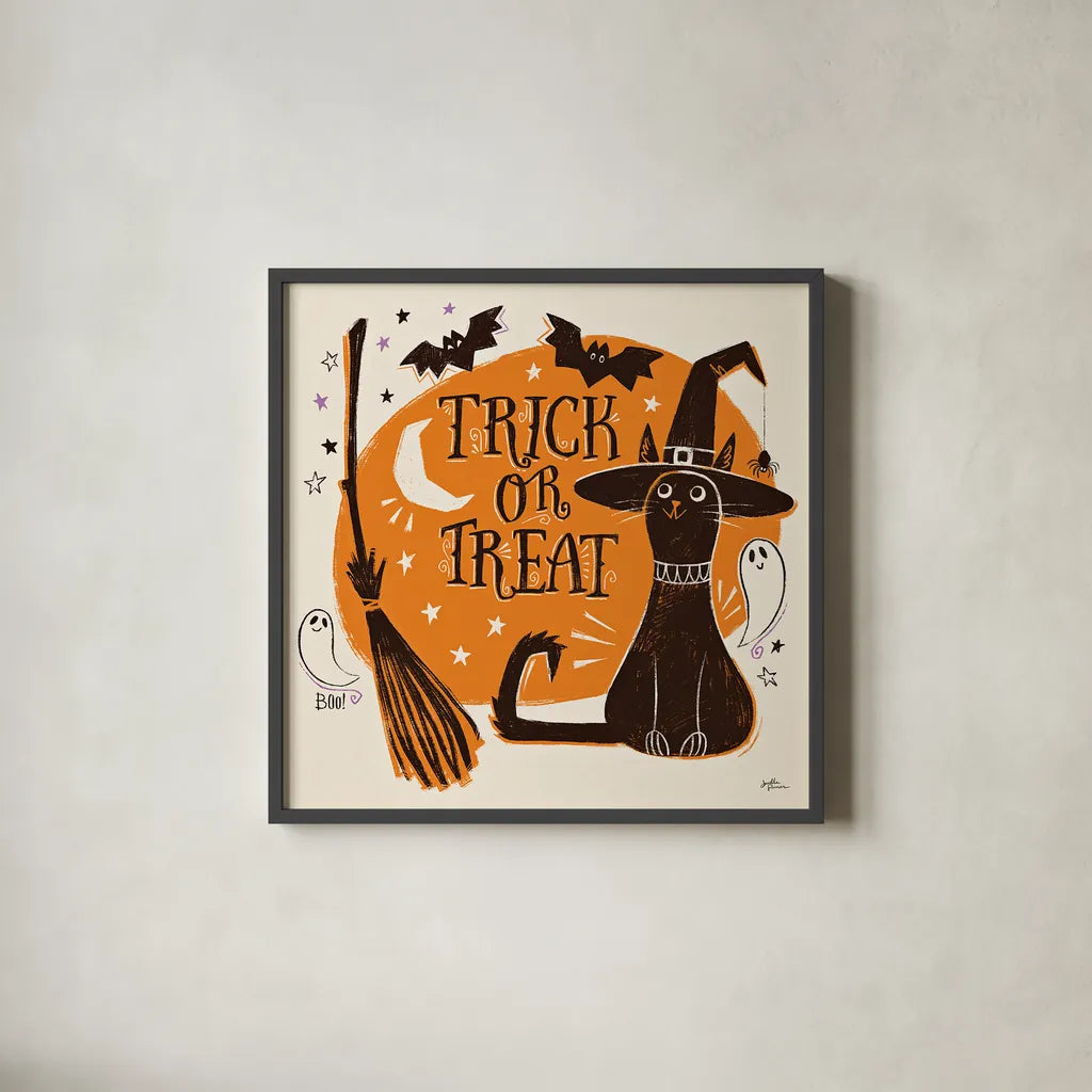 Spooktacular III by Janelle Penner. Shown in a sleek black glass frame for a contemporary gallery look. Available as an archival giclee rolled canvas, fine art paper, or poster print. SKU 37848a.