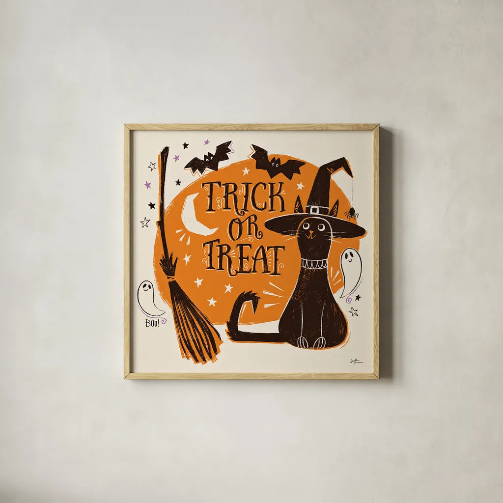 Spooktacular III by Janelle Penner. Shown in a natural wood glass frame for a timeless modern aesthetic. Available as an archival giclee rolled canvas, fine art paper, or poster print. SKU 37848a.