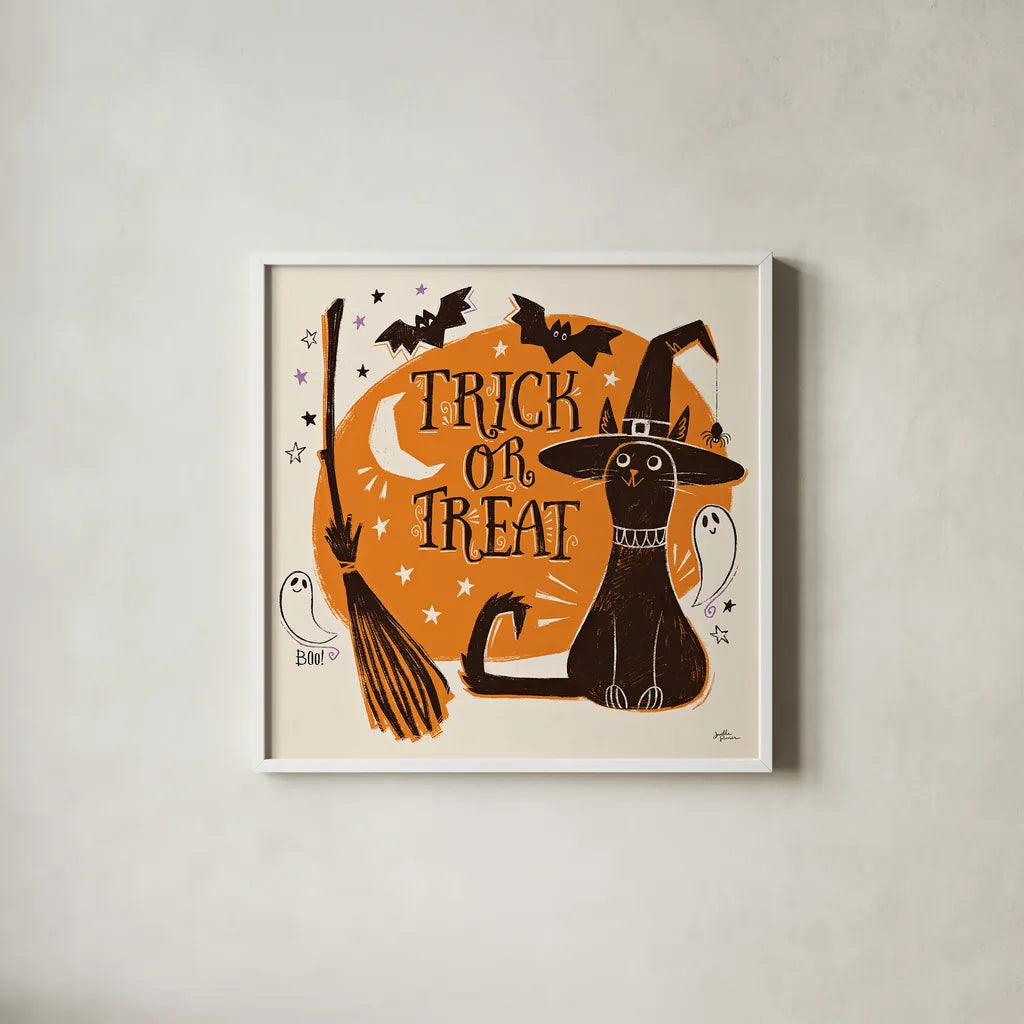 Spooktacular III by Janelle Penner. Shown in a crisp white glass frame for a clean and minimalist style. Available as an archival giclee rolled canvas, fine art paper, or poster print. SKU 37848a.