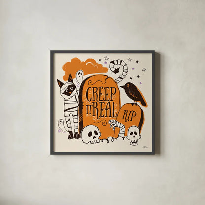 Spooktacular IV by Janelle Penner. Shown in a sleek black glass frame for a contemporary gallery look. Available as an archival giclee rolled canvas, fine art paper, or poster print. SKU 37849a.