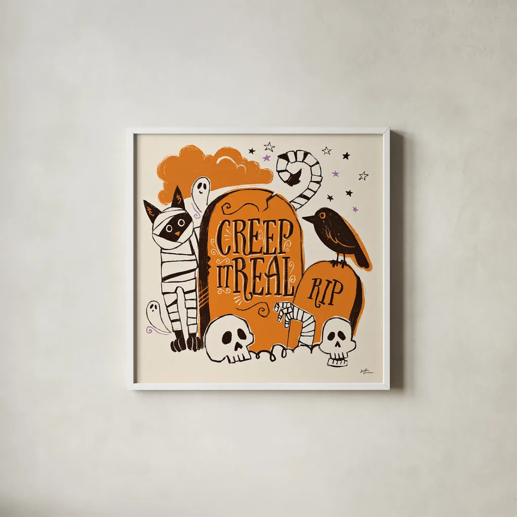 Spooktacular IV by Janelle Penner. Shown in a crisp white glass frame for a clean and minimalist style. Available as an archival giclee rolled canvas, fine art paper, or poster print. SKU 37849a.