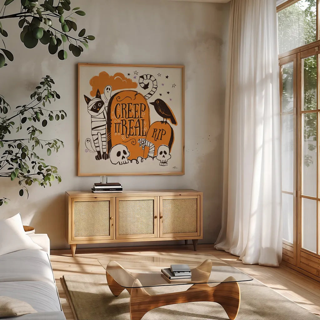 Spooktacular IV by Janelle Penner. Shown in a natural wood frame in a cozy modern living room. Available as an archival giclee rolled canvas, fine art paper, or poster print. SKU 37849a.