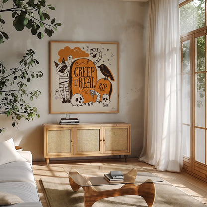 Spooktacular IV by Janelle Penner. Shown in a natural wood frame in a cozy modern living room. Available as an archival giclee rolled canvas, fine art paper, or poster print. SKU 37849a.