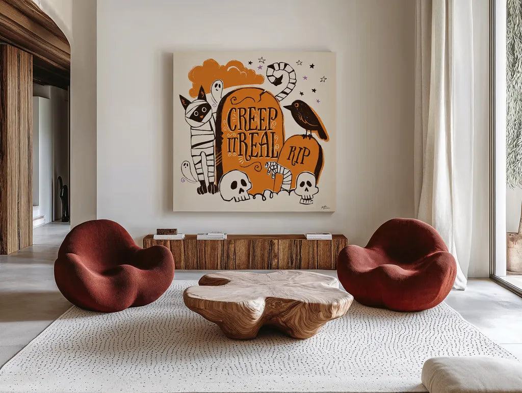 Spooktacular IV by Janelle Penner. Shown as extra-large giant wall art in a modern living room. Available as an archival giclee rolled canvas, fine art paper, or poster print. SKU 37849a.