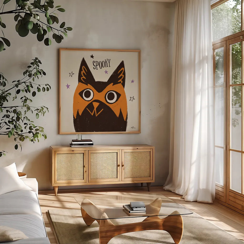 Spooktacular IX by Janelle Penner. Shown in a natural wood frame in a cozy modern living room. Available as an archival giclee rolled canvas, fine art paper, or poster print. SKU 37854a.
