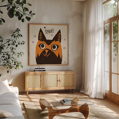 Spooktacular IX by Janelle Penner. Shown in a natural wood frame in a cozy modern living room. Available as an archival giclee rolled canvas, fine art paper, or poster print. SKU 37854a.