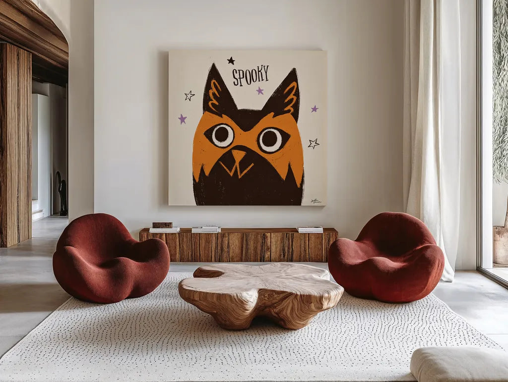Spooktacular IX by Janelle Penner. Shown as extra-large giant wall art in a modern living room. Available as an archival giclee rolled canvas, fine art paper, or poster print. SKU 37854a.