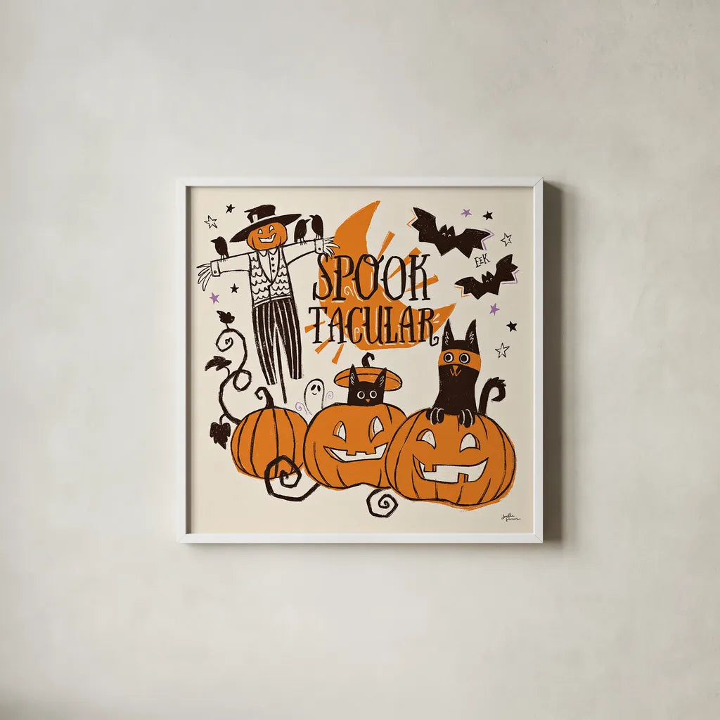 Spooktacular V by Janelle Penner. Shown in a crisp white glass frame for a clean and minimalist style. Available as an archival giclee rolled canvas, fine art paper, or poster print. SKU 37850a.