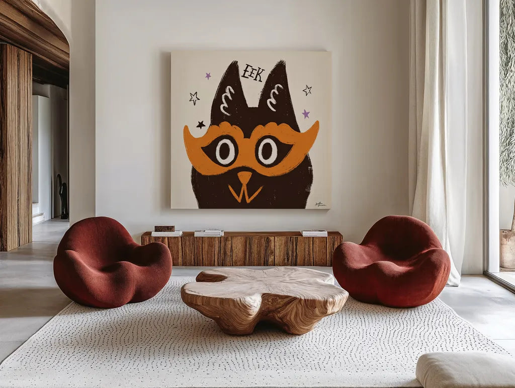 Spooktacular VI by Janelle Penner. Shown as extra-large giant wall art in a modern living room. Available as an archival giclee rolled canvas, fine art paper, or poster print. SKU 37851a.