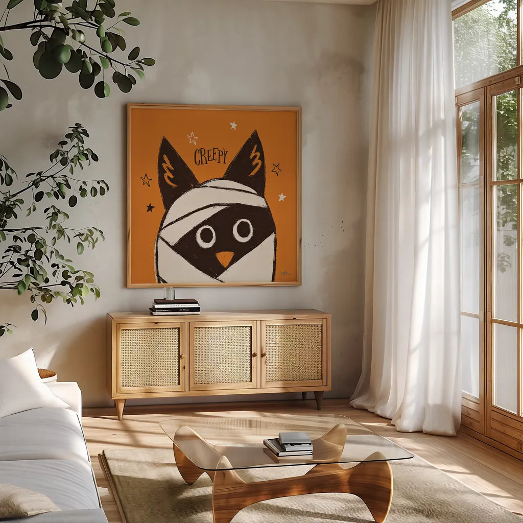 Spooktacular VII by Janelle Penner. Shown in a natural wood frame in a cozy modern living room. Available as an archival giclee rolled canvas, fine art paper, or poster print. SKU 37852a.