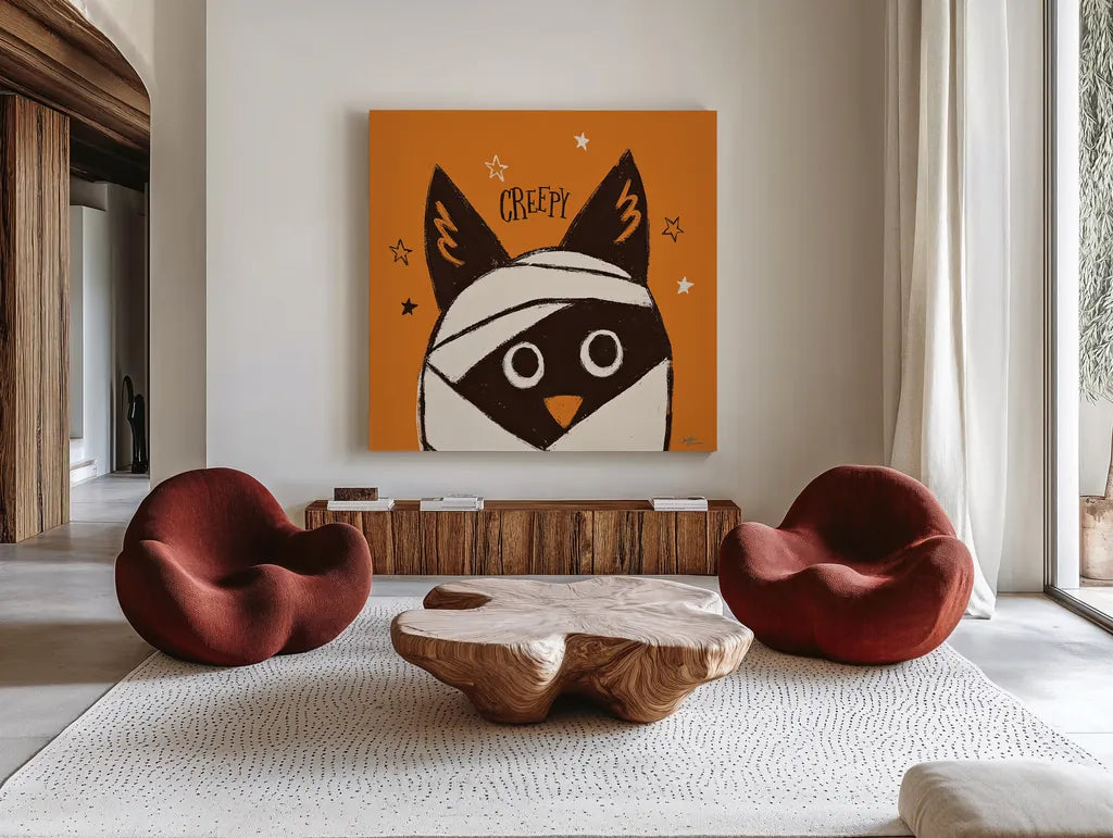 Spooktacular VII by Janelle Penner. Shown as extra-large giant wall art in a modern living room. Available as an archival giclee rolled canvas, fine art paper, or poster print. SKU 37852a.