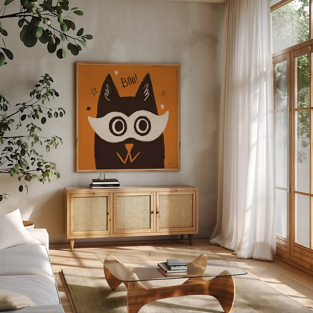 Spooktacular VIII by Janelle Penner. Shown in a natural wood frame in a cozy modern living room. Available as an archival giclee rolled canvas, fine art paper, or poster print. SKU 37853a.