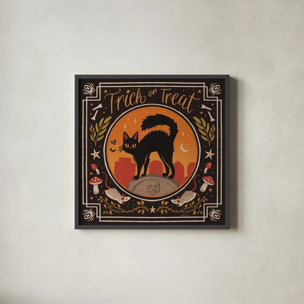 Spooky Season I by Janelle Penner. Shown in a sleek black glass frame for a contemporary gallery look. Available as an archival giclee rolled canvas, fine art paper, or poster print. SKU 97052a.