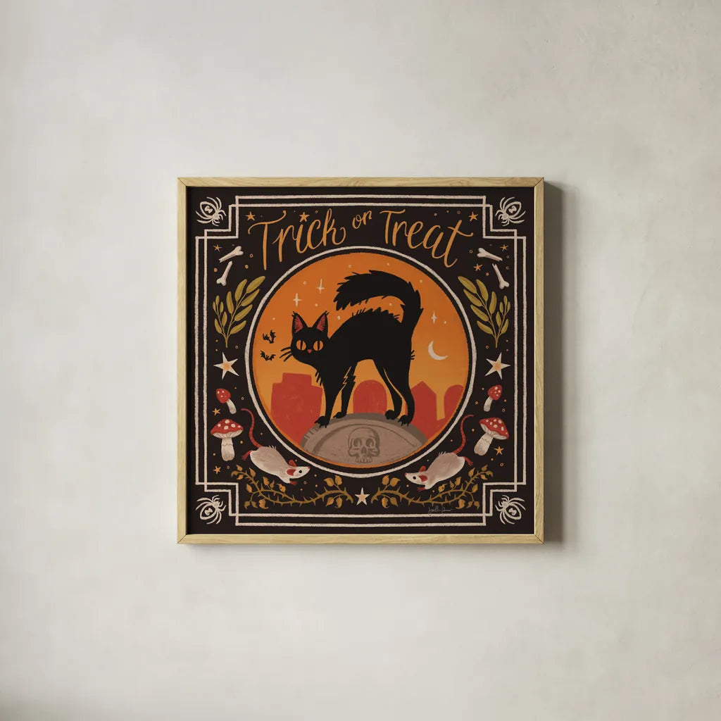 Spooky Season I by Janelle Penner. Shown in a natural wood glass frame for a timeless modern aesthetic. Available as an archival giclee rolled canvas, fine art paper, or poster print. SKU 97052a.