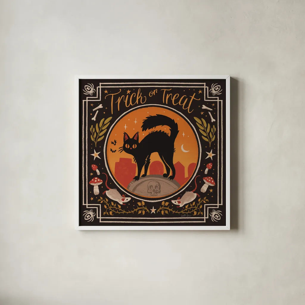 Spooky Season I by Janelle Penner. Shown in a crisp white glass frame for a clean and minimalist style. Available as an archival giclee rolled canvas, fine art paper, or poster print. SKU 97052a.