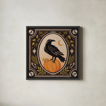 Spooky Season II by Janelle Penner. Shown in a sleek black glass frame for a contemporary gallery look. Available as an archival giclee rolled canvas, fine art paper, or poster print. SKU 97053a.