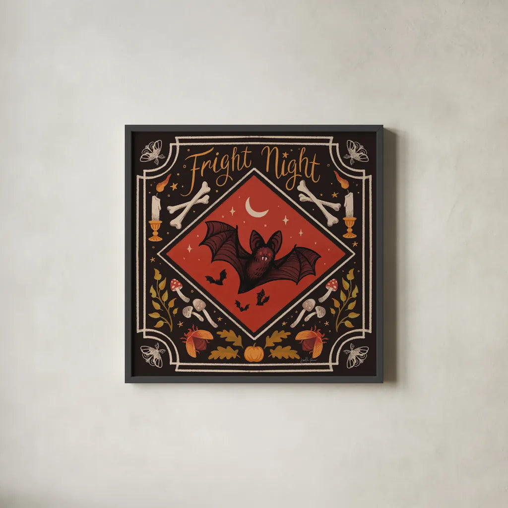 Spooky Season III by Janelle Penner. Shown in a sleek black glass frame for a contemporary gallery look. Available as an archival giclee rolled canvas, fine art paper, or poster print. SKU 97054a.