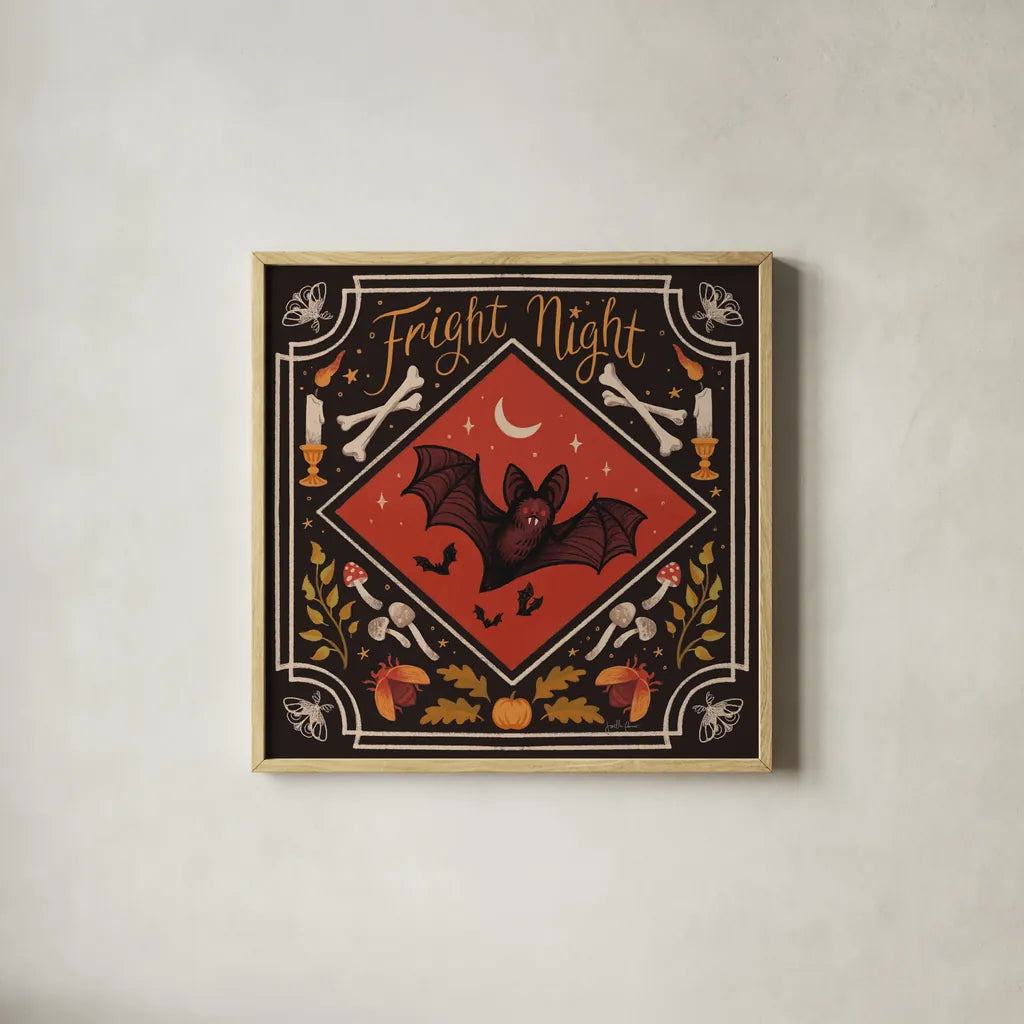 Spooky Season III by Janelle Penner. Shown in a natural wood glass frame for a timeless modern aesthetic. Available as an archival giclee rolled canvas, fine art paper, or poster print. SKU 97054a.