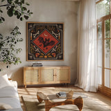 Spooky Season III by Janelle Penner. Shown in a natural wood frame in a cozy modern living room. Available as an archival giclee rolled canvas, fine art paper, or poster print. SKU 97054a.