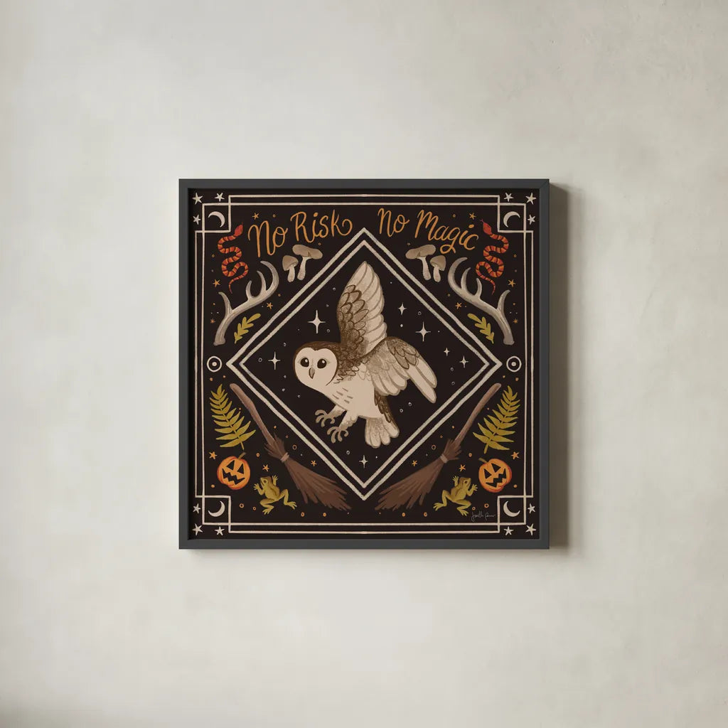 Spooky Season IV by Janelle Penner. Shown in a sleek black glass frame for a contemporary gallery look. Available as an archival giclee rolled canvas, fine art paper, or poster print. SKU 97055a.