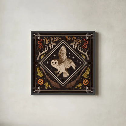 Spooky Season IV by Janelle Penner. Shown in a sleek black glass frame for a contemporary gallery look. Available as an archival giclee rolled canvas, fine art paper, or poster print. SKU 97055a.