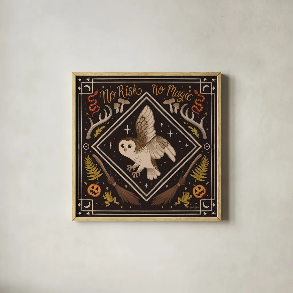 Spooky Season IV by Janelle Penner. Shown in a natural wood glass frame for a timeless modern aesthetic. Available as an archival giclee rolled canvas, fine art paper, or poster print. SKU 97055a.