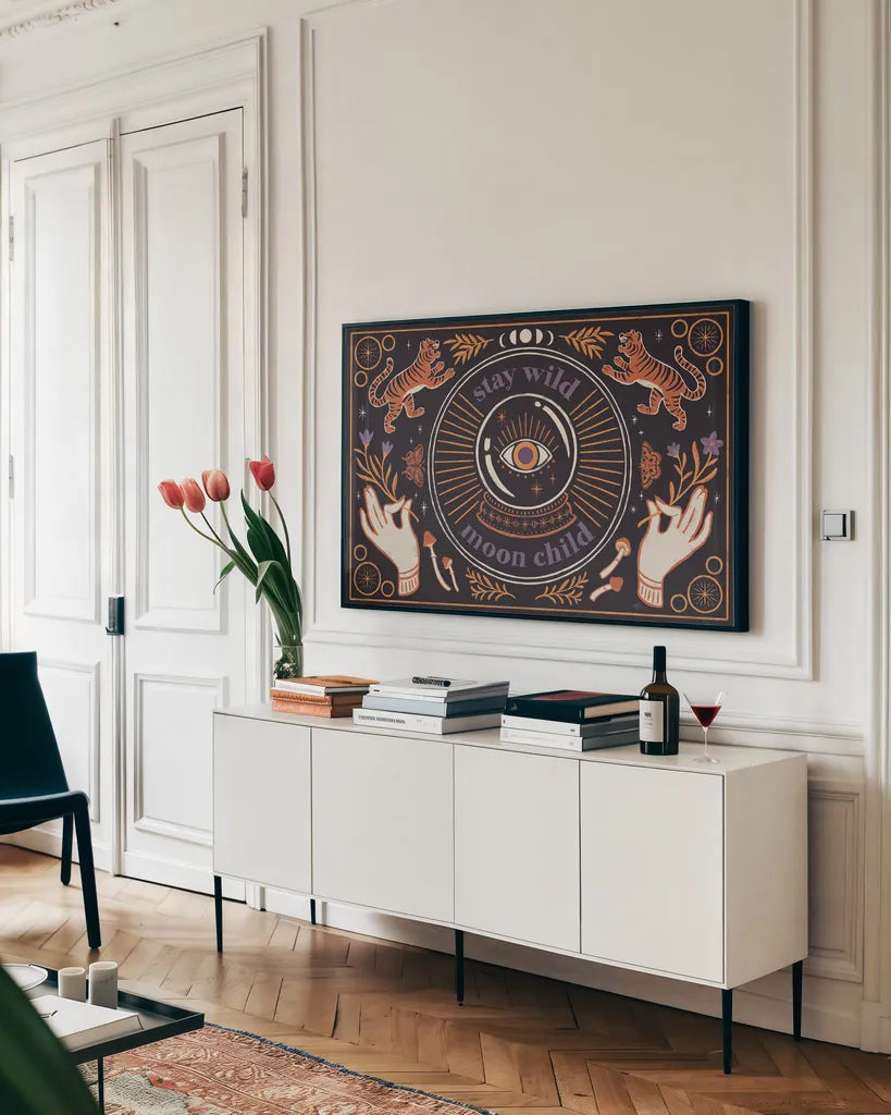 Spooky Symbols I by Janelle Penner. shown as a framed stretched canvas in a living room above a console. Available as a archival giclee rolled canvas, fine art paper, or poster print. SKU 76929i.