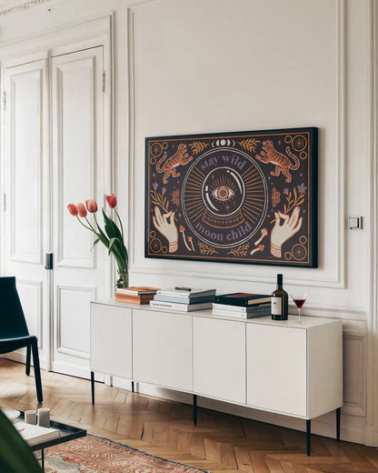 Spooky Symbols I by Janelle Penner. shown as a framed stretched canvas in a living room above a console. Available as a archival giclee rolled canvas, fine art paper, or poster print. SKU 76929i.