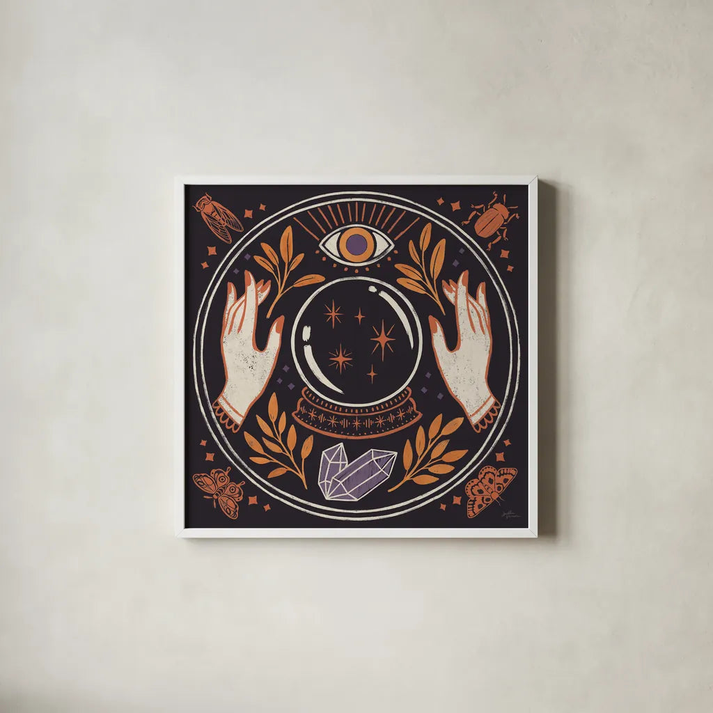 Spooky Symbols II by Janelle Penner. Shown in a crisp white glass frame for a clean and minimalist style. Available as an archival giclee rolled canvas, fine art paper, or poster print. SKU 76930a.