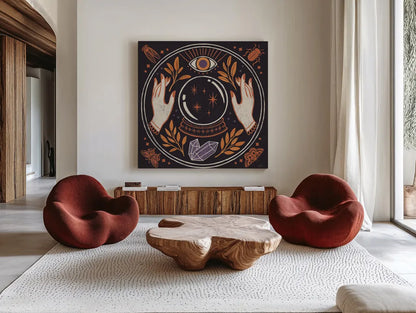 Spooky Symbols II by Janelle Penner. Shown as extra-large giant wall art in a modern living room. Available as an archival giclee rolled canvas, fine art paper, or poster print. SKU 76930a.