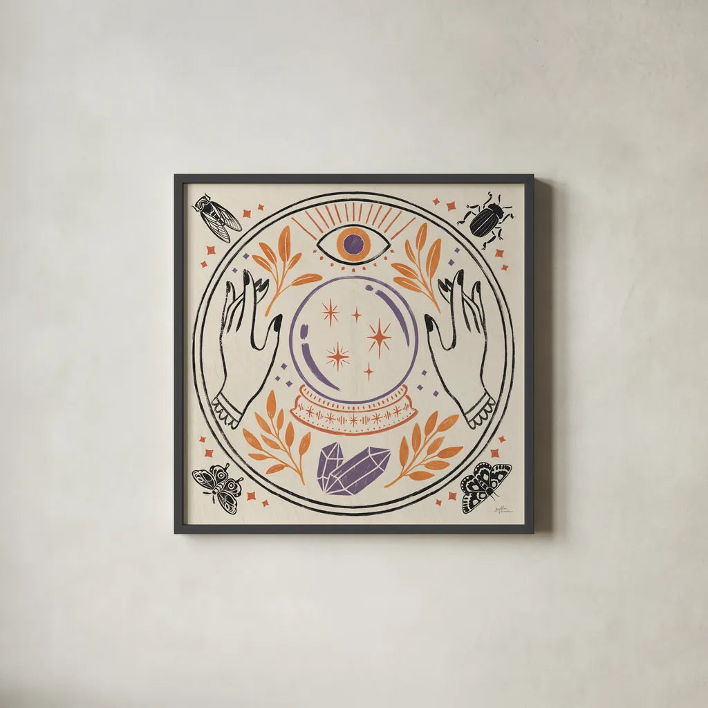 Spooky Symbols II Light by Janelle Penner. Shown in a sleek black glass frame for a contemporary gallery look. Available as an archival giclee rolled canvas, fine art paper, or poster print. SKU 76935a.