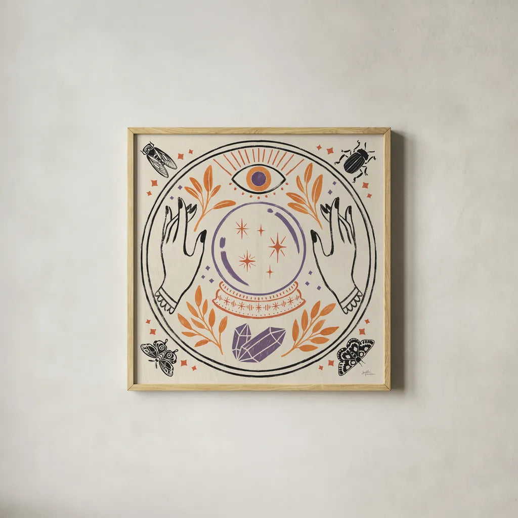 Spooky Symbols II Light by Janelle Penner. Shown in a natural wood glass frame for a timeless modern aesthetic. Available as an archival giclee rolled canvas, fine art paper, or poster print. SKU 76935a.