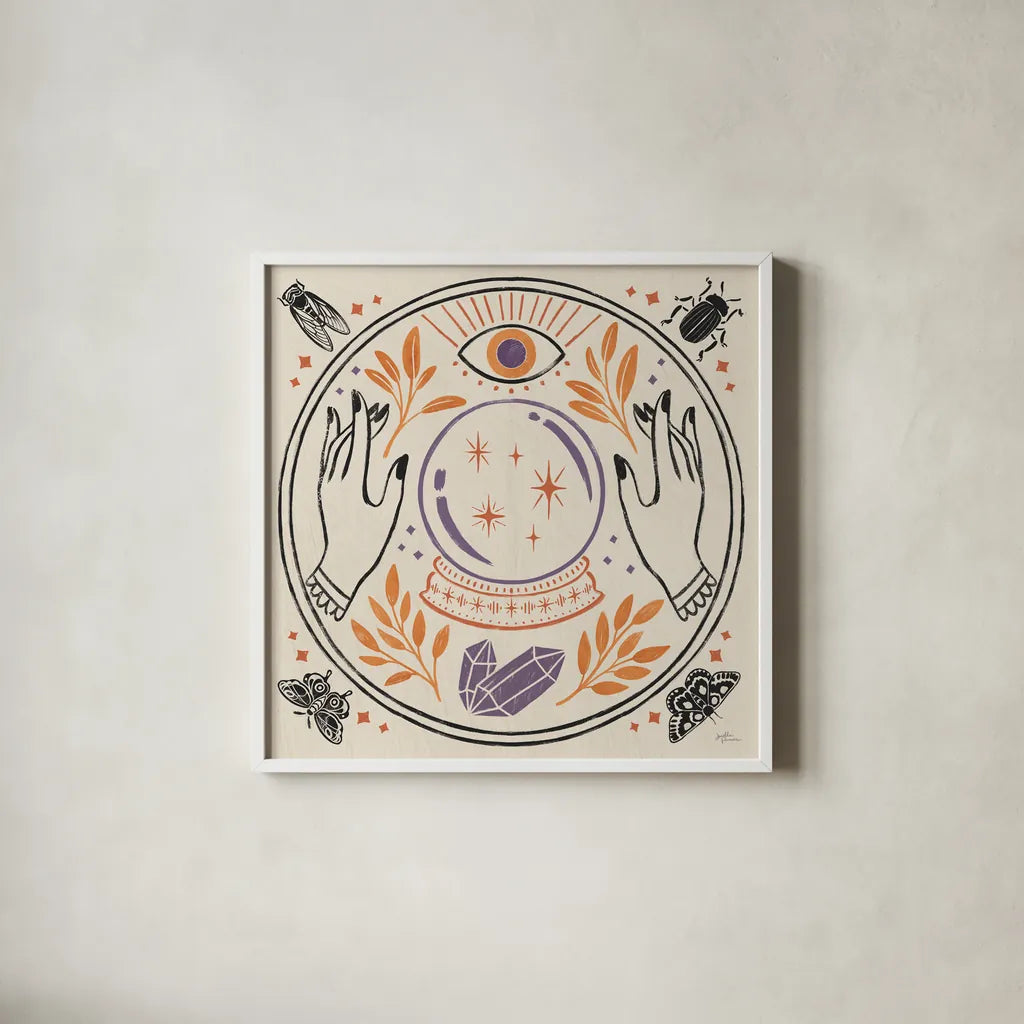 Spooky Symbols II Light by Janelle Penner. Shown in a crisp white glass frame for a clean and minimalist style. Available as an archival giclee rolled canvas, fine art paper, or poster print. SKU 76935a.