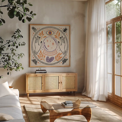 Spooky Symbols II Light by Janelle Penner. Shown in a natural wood frame in a cozy modern living room. Available as an archival giclee rolled canvas, fine art paper, or poster print. SKU 76935a.