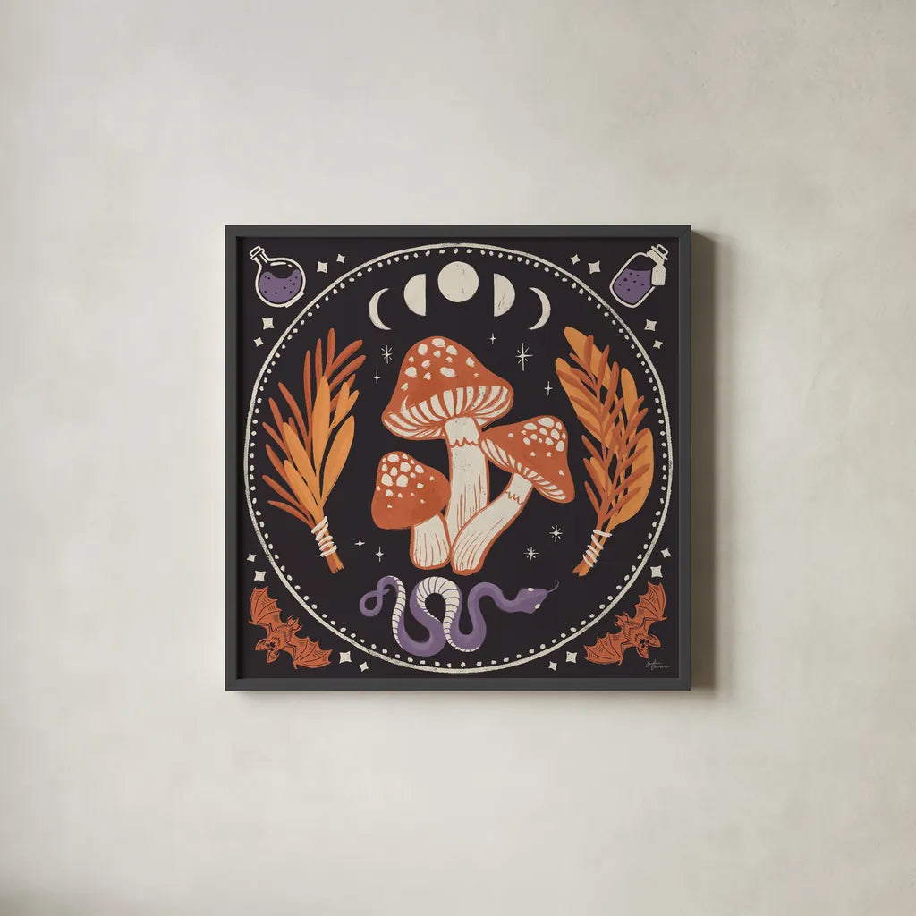 Spooky Symbols III by Janelle Penner. Shown in a sleek black glass frame for a contemporary gallery look. Available as an archival giclee rolled canvas, fine art paper, or poster print. SKU 76931a.