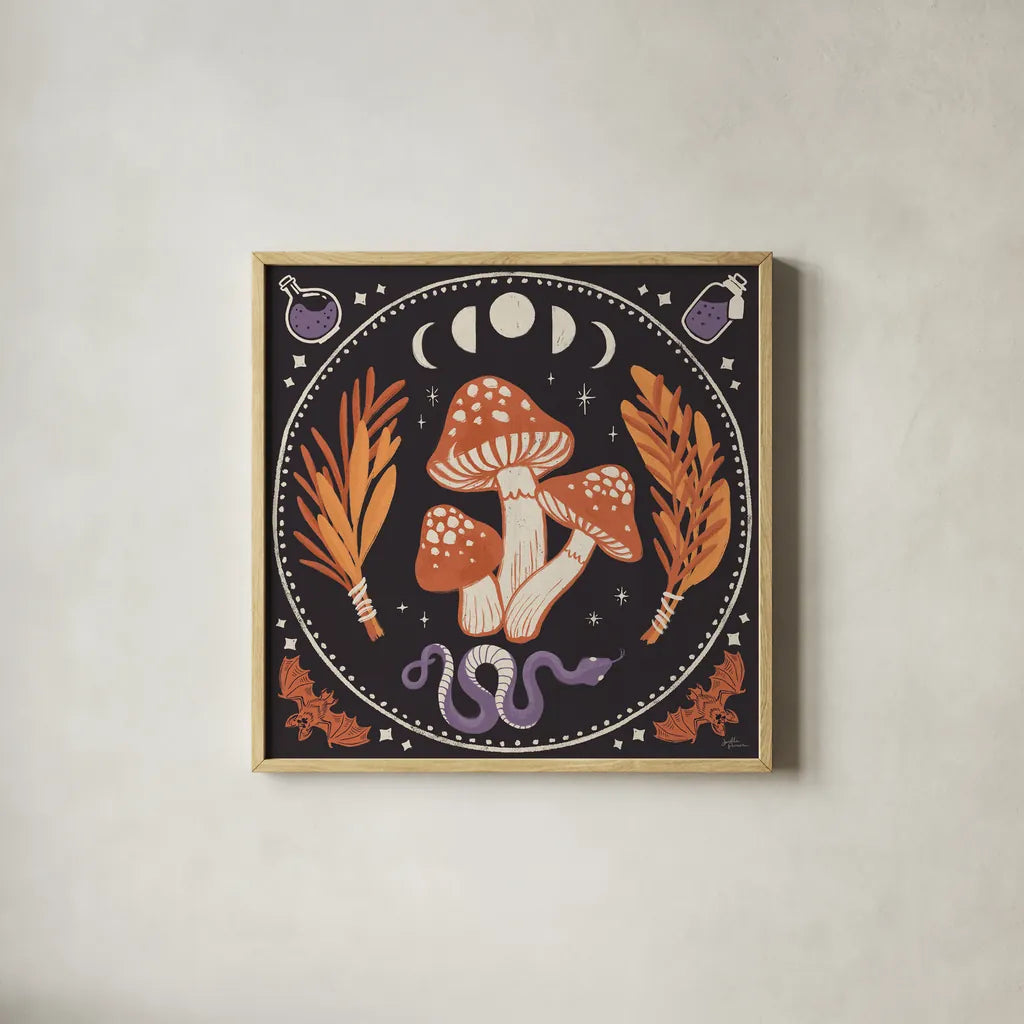 Spooky Symbols III by Janelle Penner. Shown in a natural wood glass frame for a timeless modern aesthetic. Available as an archival giclee rolled canvas, fine art paper, or poster print. SKU 76931a.