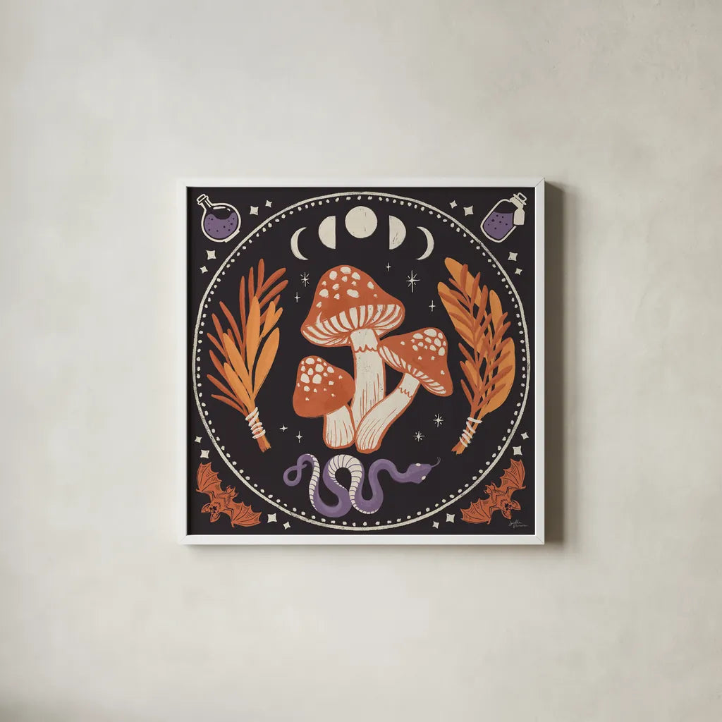 Spooky Symbols III by Janelle Penner. Shown in a crisp white glass frame for a clean and minimalist style. Available as an archival giclee rolled canvas, fine art paper, or poster print. SKU 76931a.