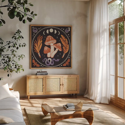 Spooky Symbols III by Janelle Penner. Shown in a natural wood frame in a cozy modern living room. Available as an archival giclee rolled canvas, fine art paper, or poster print. SKU 76931a.