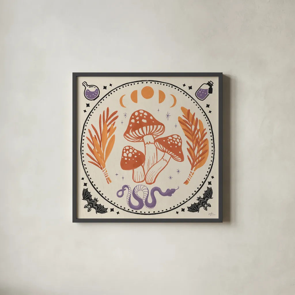 Spooky Symbols III Light by Janelle Penner. Shown in a sleek black glass frame for a contemporary gallery look. Available as an archival giclee rolled canvas, fine art paper, or poster print. SKU 76936a.