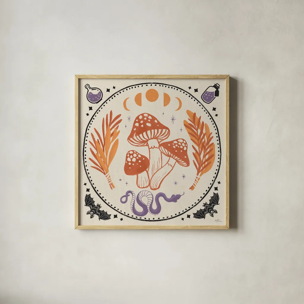 Spooky Symbols III Light by Janelle Penner. Shown in a natural wood glass frame for a timeless modern aesthetic. Available as an archival giclee rolled canvas, fine art paper, or poster print. SKU 76936a.