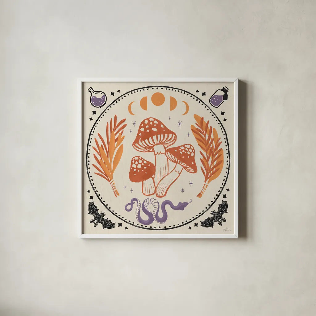 Spooky Symbols III Light by Janelle Penner. Shown in a crisp white glass frame for a clean and minimalist style. Available as an archival giclee rolled canvas, fine art paper, or poster print. SKU 76936a.