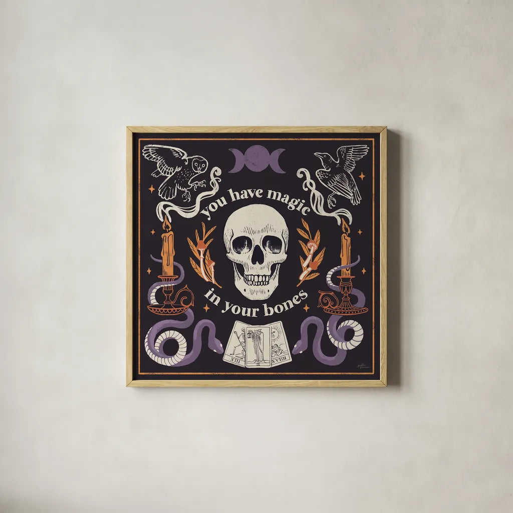 Spooky Symbols IV by Janelle Penner. Shown in a natural wood glass frame for a timeless modern aesthetic. Available as an archival giclee rolled canvas, fine art paper, or poster print. SKU 76932a.
