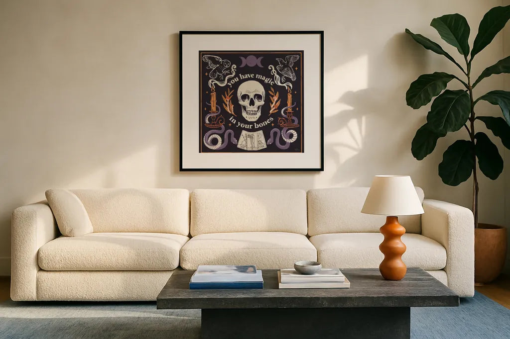Spooky Symbols IV by Janelle Penner. Displayed in a glass frame with matte in a clean modern living room. Available as an archival giclee rolled canvas, fine art paper, or poster print. SKU 76932a.