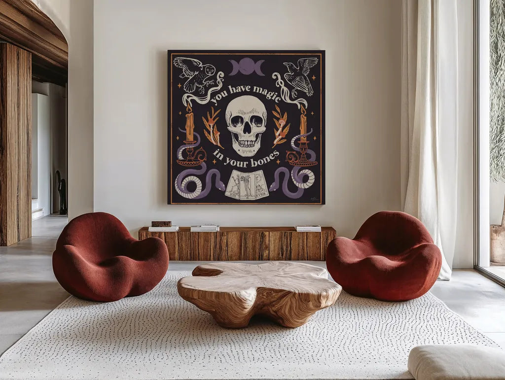 Spooky Symbols IV by Janelle Penner. Shown as extra-large giant wall art in a modern living room. Available as an archival giclee rolled canvas, fine art paper, or poster print. SKU 76932a.