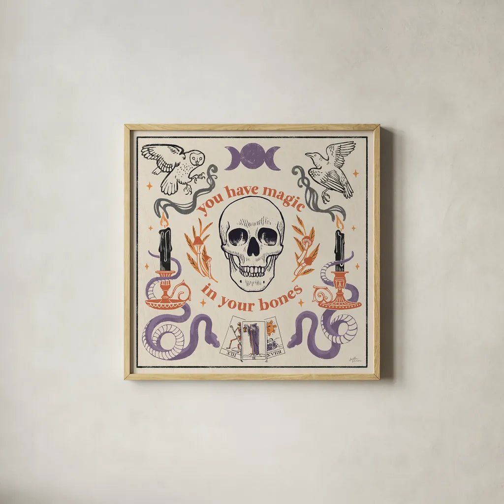 Spooky Symbols IV Light by Janelle Penner. Shown in a natural wood glass frame for a timeless modern aesthetic. Available as an archival giclee rolled canvas, fine art paper, or poster print. SKU 76937a.