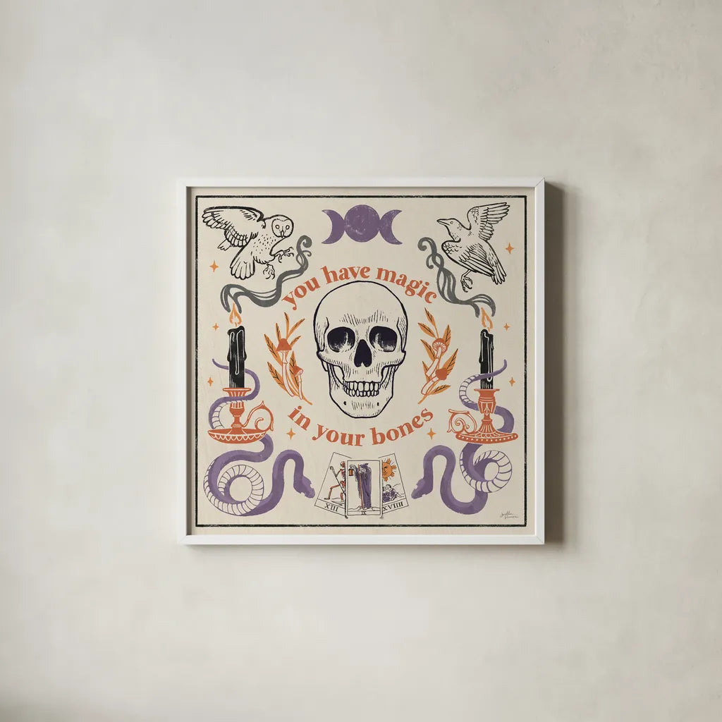 Spooky Symbols IV Light by Janelle Penner. Shown in a crisp white glass frame for a clean and minimalist style. Available as an archival giclee rolled canvas, fine art paper, or poster print. SKU 76937a.