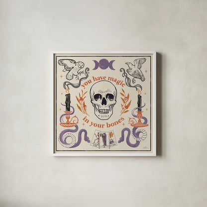 Spooky Symbols IV Light by Janelle Penner. Shown in a crisp white glass frame for a clean and minimalist style. Available as an archival giclee rolled canvas, fine art paper, or poster print. SKU 76937a.
