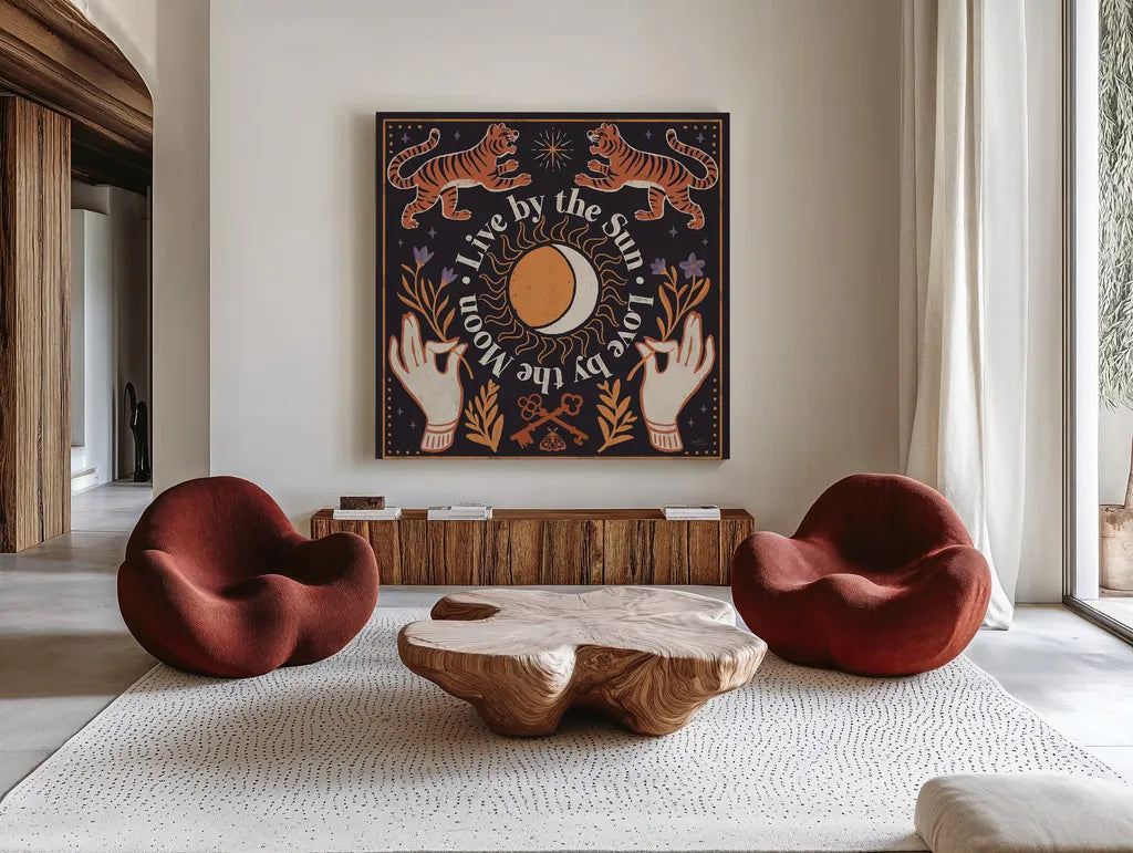 Spooky Symbols V by Janelle Penner. Shown as extra-large giant wall art in a modern living room. Available as an archival giclee rolled canvas, fine art paper, or poster print. SKU 76933a.