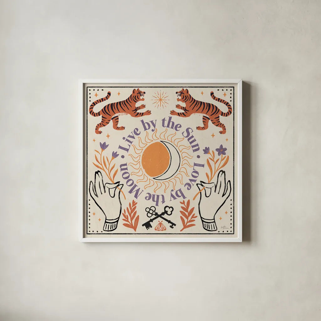 Spooky Symbols V Light by Janelle Penner. Shown in a crisp white glass frame for a clean and minimalist style. Available as an archival giclee rolled canvas, fine art paper, or poster print. SKU 76938a.