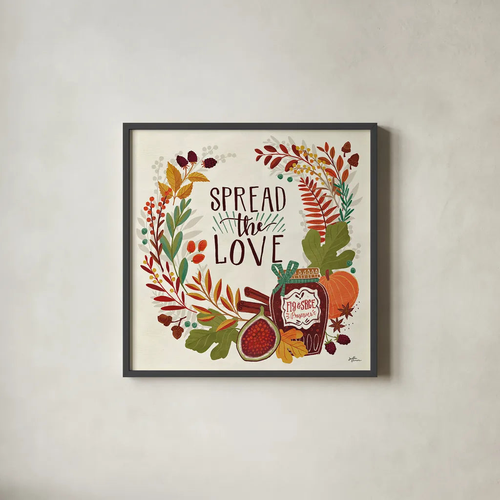 Spread the Love II by Janelle Penner. Shown in a sleek black glass frame for a contemporary gallery look. Available as an archival giclee rolled canvas, fine art paper, or poster print. SKU 48958a.